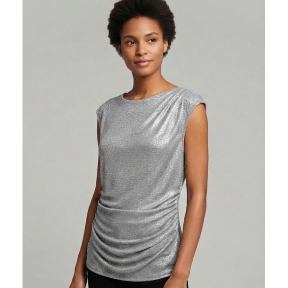 Calvin Klein Tops - Calvin Klein Womens Silver Metallic Ruched Sleeveless Boat Neck Top M1AHL802 M